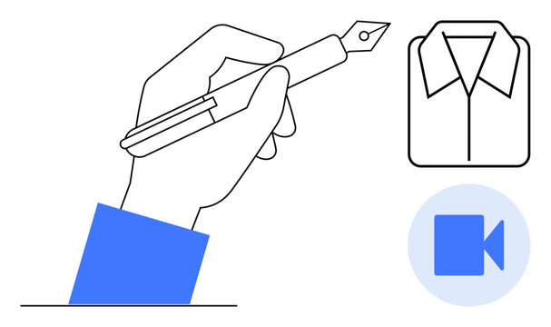 Hand holding fountain pen, folded shirt and video camera icon. Ideal for creativity, formal wear, remote work, business, online meetings, professional documentation, and simple flat metaphor