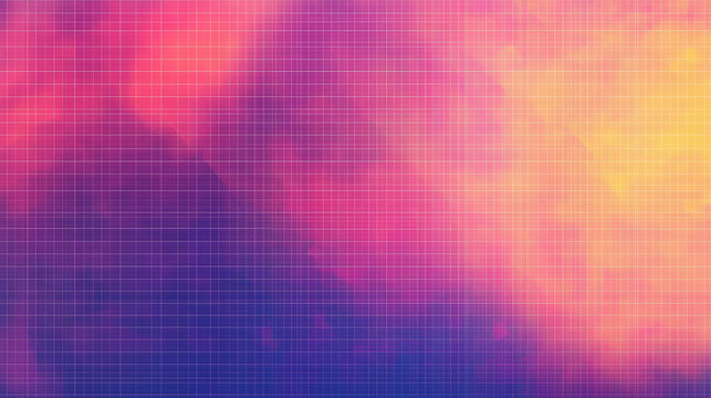 90s pixelated grid background with a vibrant sunset gradient in electric pink, orange, and purple, featuring a retro grid pattern stretching into the horizon, reminiscent of old-school digital art.