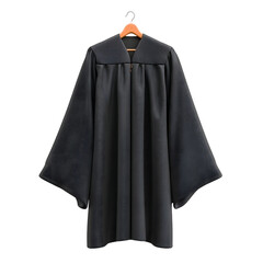 A black academic or judicial robe hangs on a wooden hanger against a plain white background symbolizing achievement