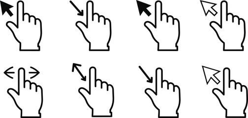 Hand gesture icons, directional arrows, touchscreen interaction symbols, UI navigation elements, pointer movement graphics, silhouette set, cad drawing flat vector illustration