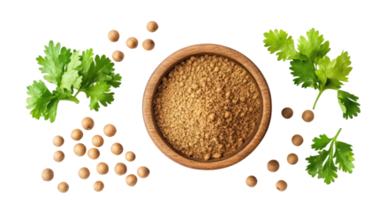 Fenugreek seeds in a wooden bowl with fresh leaves isolated on transparent background