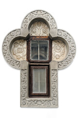 Church window with iron ornate frame