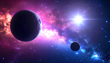 Cosmic Planets and Nebulae in Space with Bright Star and Galaxy Background