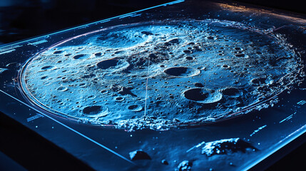 A 3D holographic display showing a map of the moon’s surface, with landing sites, craters, and exploration routes, demonstrating advancements in space mapping and lunar exploration technology.