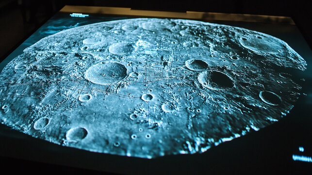 A 3D holographic display showing a map of the moon’s surface, with landing sites, craters, and exploration routes, demonstrating advancements in space mapping and lunar exploration technology.