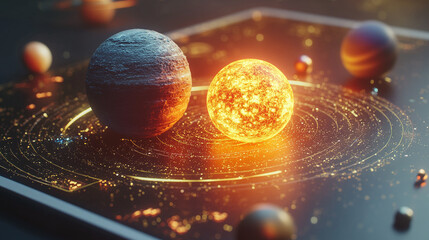 A 3D model of the solar system, with planets orbiting the Sun, displayed on a tablet screen, helping students visualize the scale and complexity of our cosmic neighborhood.