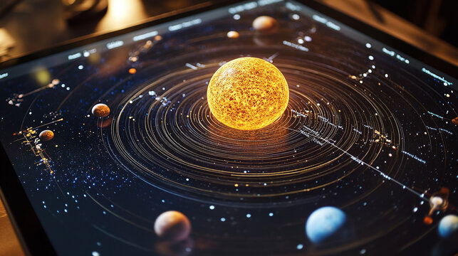 A 3D model of the solar system, with planets orbiting the Sun, displayed on a tablet screen, helping students visualize the scale and complexity of our cosmic neighborhood.