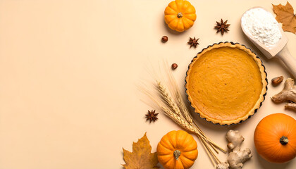 Thanksgiving pumpkin pie with autumn harvest ingredients, food photography