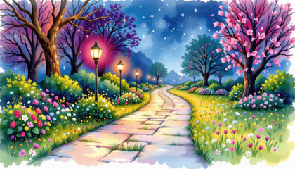Serene pathway winds through vibrant garden filled with colorful flowers and trees, illuminated by glowing street lamps under starry night sky. scene evokes sense of tranquility and beauty