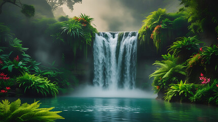 A majestic waterfall cascades into a tranquil pool, surrounded by dense, lush forest. The glowing water and vibrant flora enhance the serene beauty of the scene, perfect for nature and relaxation.