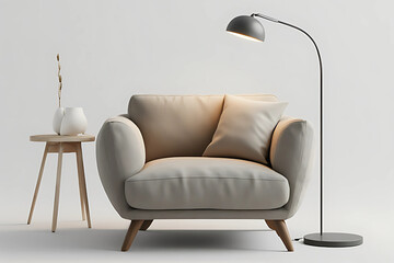 Cozy and minimalist interior design featuring a comfortable beige armchair, a modern floor lamp, and a wooden side table with decorative vases against a clean white background, emphasizing relaxation 