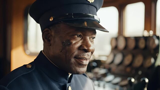 Experienced African American Train Conductor Smiling in Uniform with Coal Dust on Face