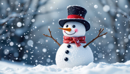 Fototapeta premium Cheerful snowman stands in snowy landscape, adorned with black top hat and red scarf. Snowflakes gently fall around, creating magical winter scene filled with joy and wonder