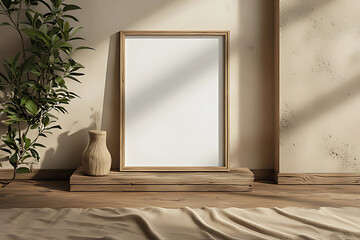 Mockup of an empty vertical wooden picture frame on a rustic floor with sunlit shadows, a woven vase, and green foliage, perfect for showcasing artwork in a minimalist, earthy interior design.
