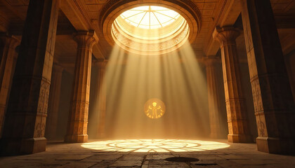 A massive skylight beams into an ancient underground chamber, revealing embedded alien technology. This sci-fi scene combines mystery, archaeology, and futuristic wonder — perfect for science fiction 