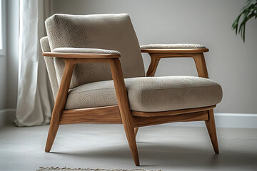 A stylish mid-century modern armchair with a light-colored fabric and solid wooden frame.