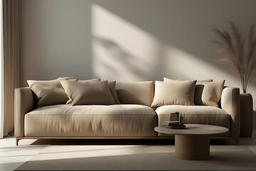A large, modern beige sofa with numerous cushions sits in a minimalist living room.