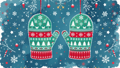 Festive Christmas mittens hang against snowy background, adorned with intricate patterns of trees and snowflakes, evoking warm holiday spirit