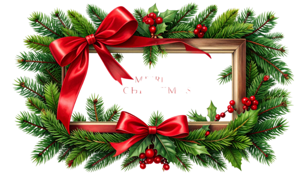 Christmas Card Frame with Red Ribbon and Fir Tree Branches – Festive PNG