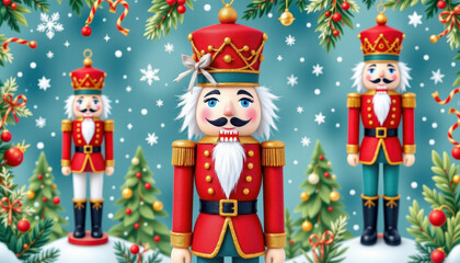 Nutcracker toy figures in festive attire stand amidst winter wonderland, surrounded by Christmas trees and snowflakes, evoking joyful holiday spirit