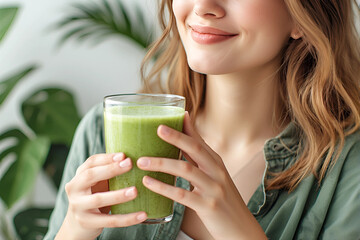 Close-up of a smiling young woman holding a glass of healthy green smoothie, suggesting wellness, detoxification, and a happy, natural lifestyle.