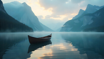 A small wooden boat floats on a calm, misty lake surrounded by majestic mountains. The serene atmosphere and soft, misty light create a tranquil scene, perfect for nature, travel, and peaceful journey