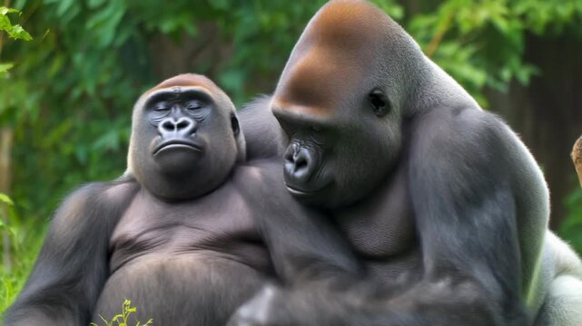 Two large gorillas, a silverback and another, sitting calmly in a lush green jungle environment, observing their surroundings.