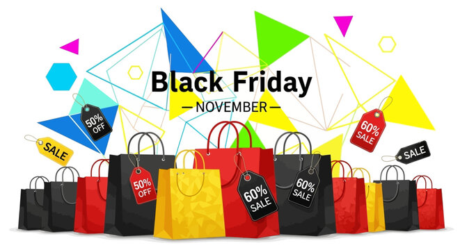Black Friday November Sale with Shopping Bags and Geometric Shapes.