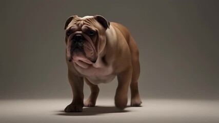 A majestic English bulldog stands confidently in a studio setting, illuminated by soft lighting, showcasing its distinctive features and powerful build.