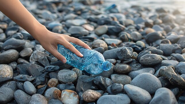  A hand picking up a crumpled blue plastic water bottle from a riverbed with smooth gray pebbles, symbolizing environmental cleanup, marine pollution awareness, and International Volunteer Day
