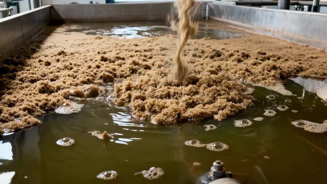 Medium shot of wastewater treatment tank showing aeration and microbial activity in an activated sludge system.