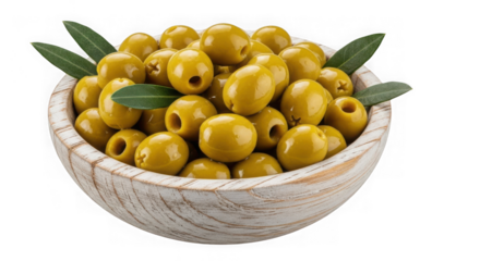 Green olives in a rustic wooden bowl with leaves isolated on transparent background