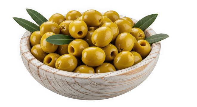 Green olives in a rustic wooden bowl with leaves isolated on transparent background