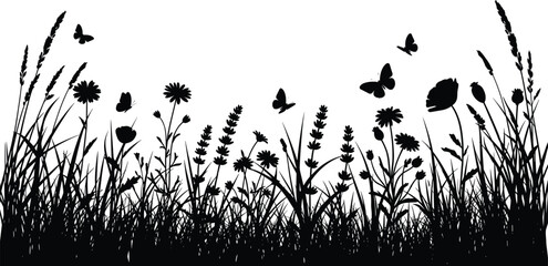 Meadow silhouette, wildflowers and butterflies, nature vector, floral clipart, black illustration, grass field, pollinator scene, outdoor art, botanical design.eps © Faruk Here