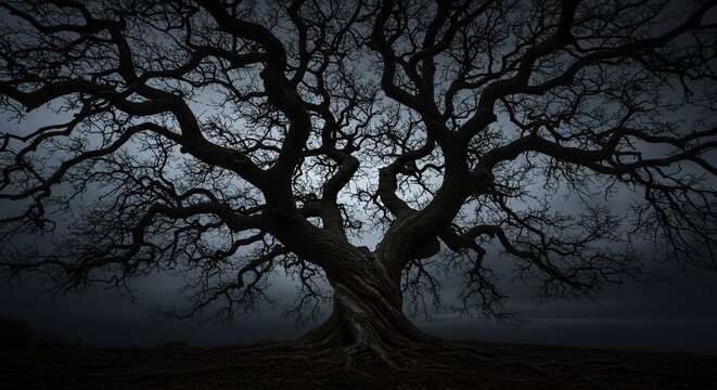 An ancient, twisted tree with menacing, gnarled branches reaching towards a gloomy sky. Its dark silhouette creates an unsettling and mysterious, haunting scene ,fantasy ,wicked ,solitary
