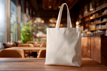 Customizable tote bag standing on a wooden table inside a cozy cafe, offering space for branding or design mockups