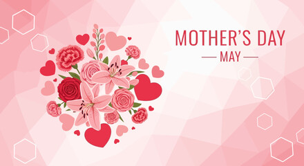 Mothers Day Floral Arrangement with Hearts and Geometric Background.