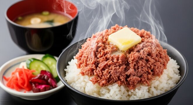 食欲をそそる、バターが乗ったコンビーフ丼定食のクローズアップ