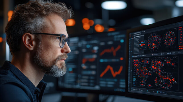 Focused analyst data dashboard cyber security network map threat detection modern office night technology monitoring professional. Focused analyst studies data dashboard with cyber security