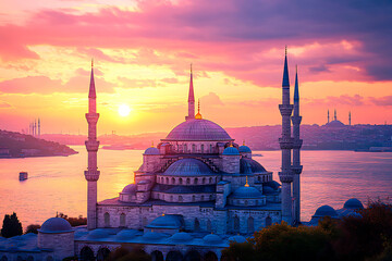 Obraz premium Mosque with its minarets and domes standing over the Bosphorus Strait at a vibrant sunset, capturing the city skyline