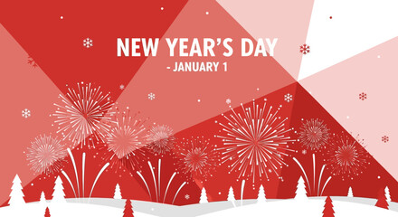 New Years Day Celebration with Fireworks and Winter Landscape.