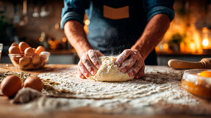 Baker hands kneading a fresh batch of dough on a floured wooden surface. Preparing traditional homemade bread or pizza