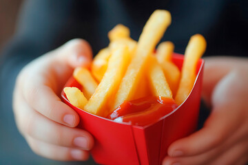 Child's hands holding a red container of crispy golden french fries with a dollop of red ketchup, ready for eating