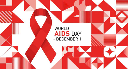 World AIDS Day Awareness with Red Ribbon on Geometric Background.