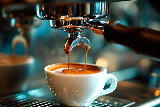 Freshly brewed espresso flowing from a professional machine's portafilter into a cup, showing rich crema and steam - Powered by Adobe