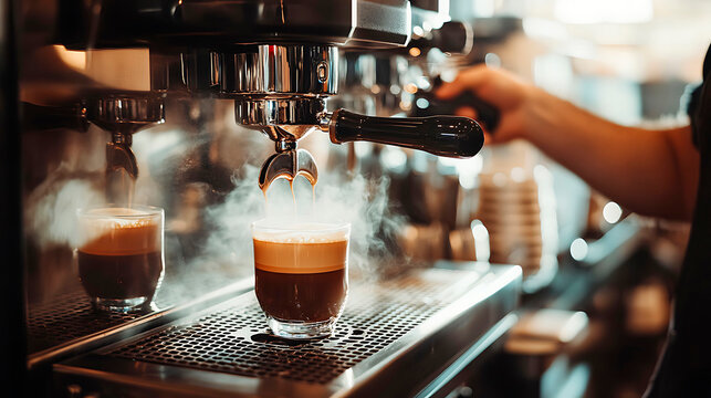Barista operating a commercial espresso machine, brewing hot coffee shots with rising steam and rich crema in a cafe setting