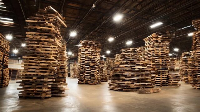 Medium shot highlighting innovative lumber stacking patterns that balance weight distribution for safe warehouse storage.