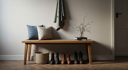 An elegant wooden hall bench sits gracefully in a bright entryway, offering both comfortable seating and convenient storage for various household items ,simple ,empty ,decorative