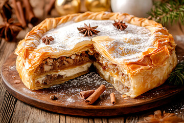 Flaky pastry pie with spiced filling and a creamy layer, dusted with powdered sugar and star anise, sitting on a wooden board