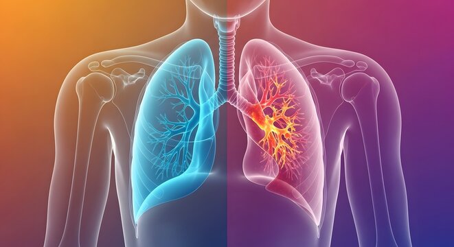 Medical illustration of human respiratory system showing inflamed lung segment - Powered by Adobe